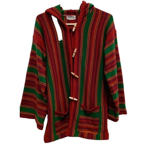 vintage Sweaters - Vintage 90s Sweater Jacket Womens Large Green Red Striped Hooded BOHO Hippie